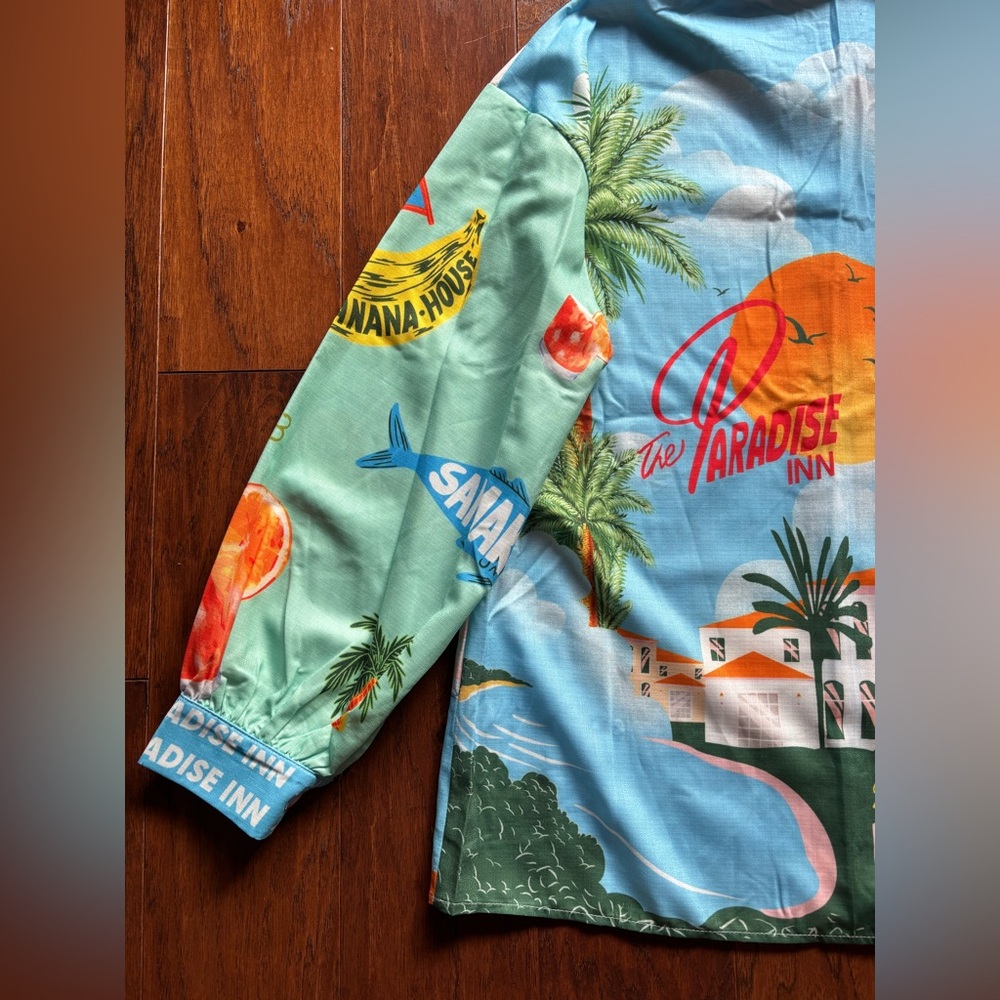 Summer Paradise Tropical Print Linen Blend Button Up Shirt | Oversized S - Picture 10 of 13